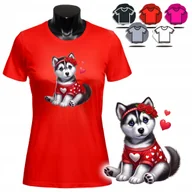 Koszulki i topy damskie - KOSZULKA DAMSKA Z NADRUKIEM T-SHIRT - SŁODKI PIESEK RASA HUSKY RÓŻE - XS - miniaturka - grafika 1