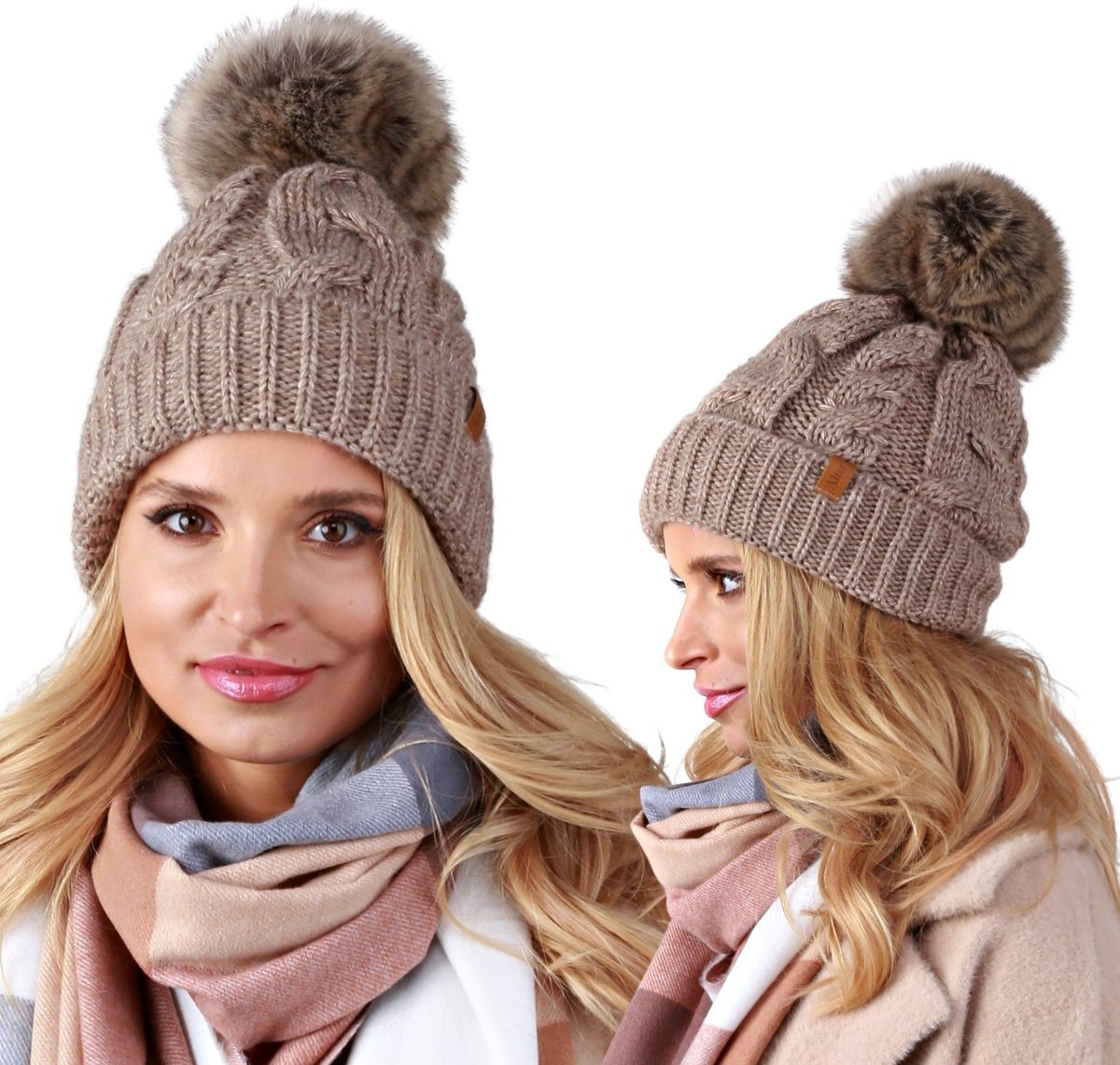 Gruba Zimowa Czapka Damska z pomponem KOLORY A6