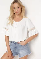 Bluzki damskie - Biała Bluzka o Luźnym Kroju z Koronkowymi Wstawkami na Rękawach Lennera - miniaturka - grafika 1