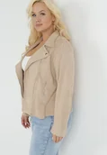 Kurtki damskie - Beżowa Kurtka Ramoneska z Imitacji Zamszu z Asymetrycznym Suwakiem Maisen - miniaturka - grafika 1