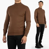 Swetry męskie - Sweter Męski Półgolf Elegancki Klasyczny Dopasowany Cienki Modny Brązowy XL - miniaturka - grafika 1