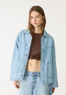 Kurtki damskie - Stradivarius Kurtka jeansowa z kieszeniami Jasnoniebieski XS - miniaturka - grafika 1