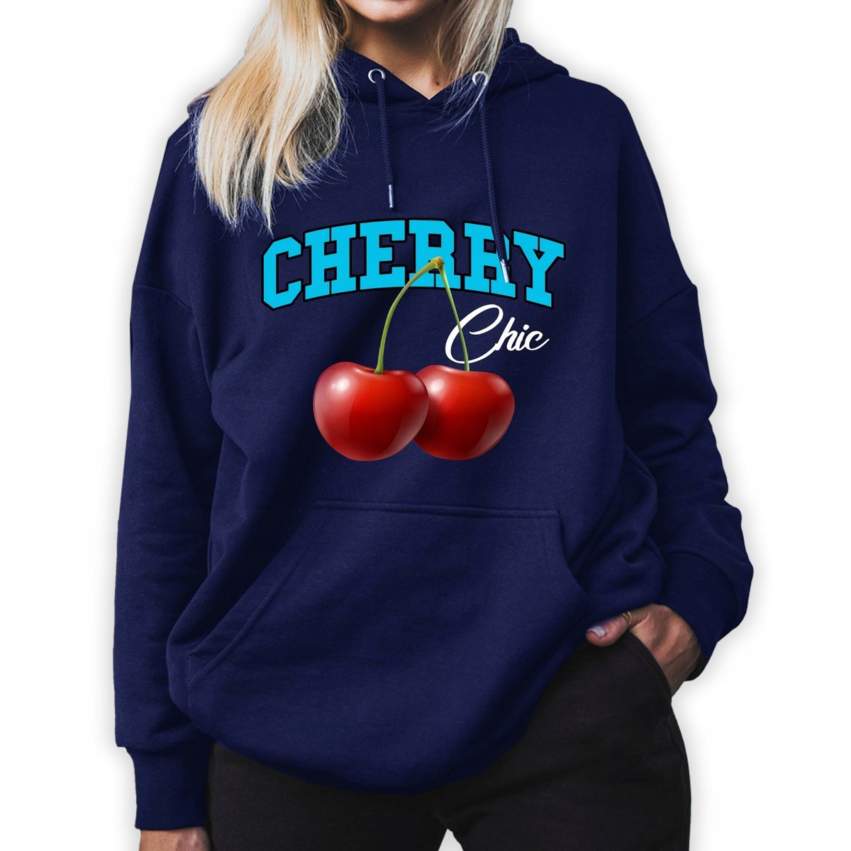 Bluza Z Kapturem Granatowa CHERRY Młodzieżowe Trendy Styl Wzory Rozmiar L