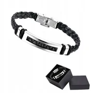 Bransolety męskie - Bransoletka Męska Czarna Skórzana Pleciona Srebrna Stal Chirurgiczna 316L - miniaturka - grafika 1