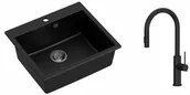 Zlewozmywaki z baterią - Quadron Zlewozmywak granitowy jednokomorowy 57*50*22 cm MORGAN 110 PURE CARBON czarny ze stalowym odpływem z baterią JENNIFER Q LINE SLIM PURE CARBON z wyciąganą wylewką i funkcją prysznica kolor czarny - miniaturka - grafika 1