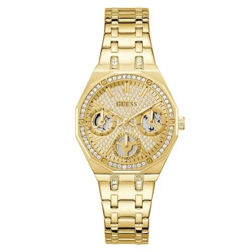 Guess damski zegarek na rękę Quinn z datą, cyrkonia, złoty pasek ze stali nierdzewnej, szkło mineralne, złoty cyferblat, 5 bar, średnica koperty: 36 mm, GW0988L2