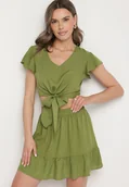 Komplety damskie - Zielony Komplet z Wiskozy Spódnica z Falbanką i Bluzka z Wiązaniem Redeave - miniaturka - grafika 1