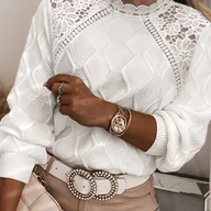 Swetry damskie - TEMU Elegancki Biały Sweter z Koronkowym Rękawem dla Kobiet - Długie ramiączka, okr - miniaturka - grafika 1