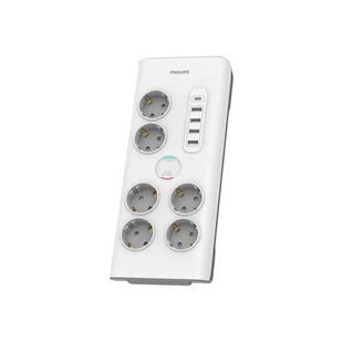 LISTWA ZASILAJĄCA ANTYPRZEPIĘCIOWA PHILIPS PRZEDŁUŻACZ SIECIOWY 6 GNIAZD SCHUKO + 4XUSB-A + 1X USB-C 2M 16A BIAŁA - Przedłużacze i rozgałęźniki - miniaturka - grafika 1