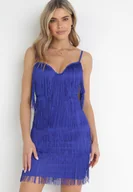 Sukienki - Granatowa Sukienka Mini na Regulowanych Ramiączkach Zdobiona Frędzlami Tristi - miniaturka - grafika 1