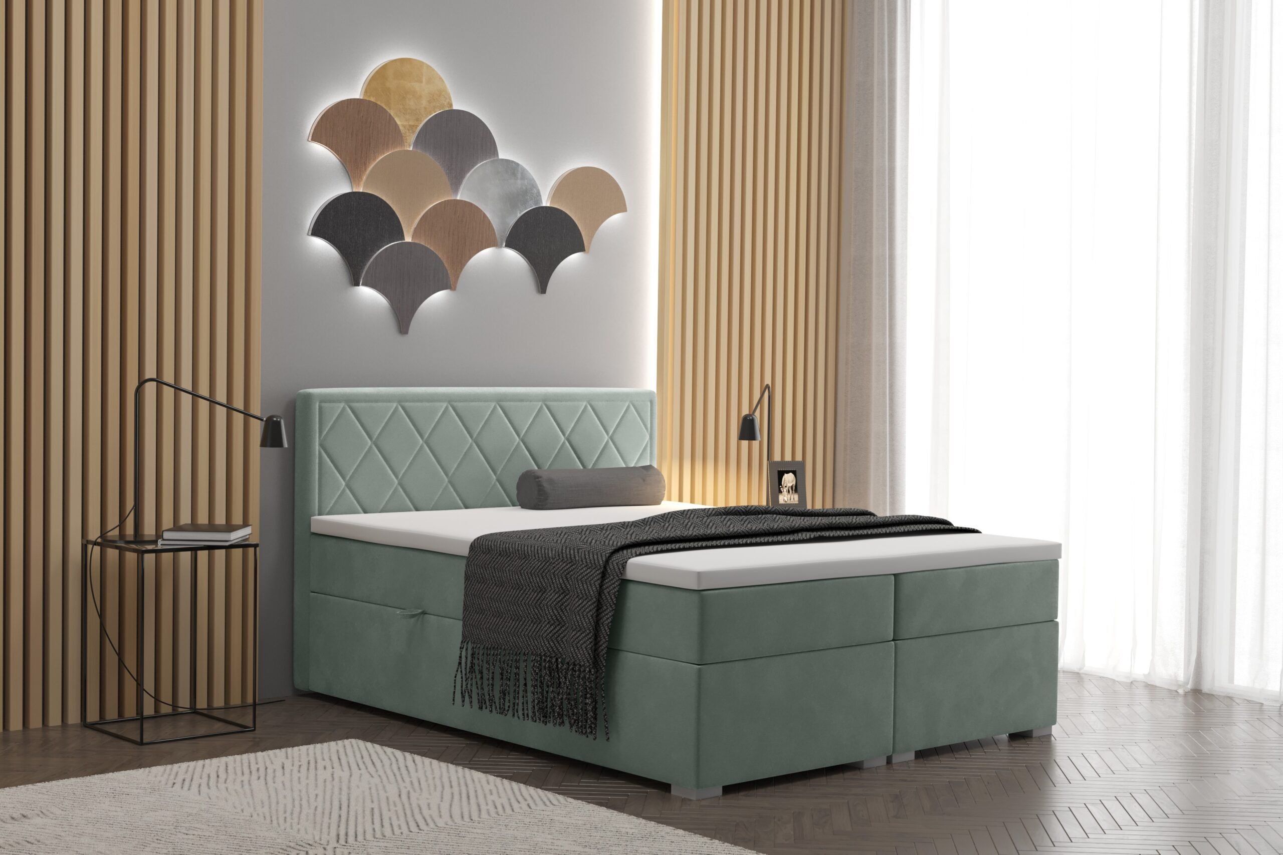 Łóżko kontynentalne SEVILLA z funkcją przechowywania, tkanina Rivieria, wiele kolorów Miętowy 200x200 cm