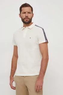 Koszulki męskie - Tommy Hilfiger polo bawełniane kolor beżowy z aplikacją - grafika 1