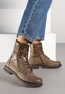 Botki damskie - Brązowe Botki Workery Zdobione Suwakiem i Wężowym Tłoczeniem Vemindra - miniaturka - grafika 1