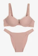 Komplety bielizny - Ciemnoróżowy Komplet Biustonosz Push-Up i Wycięte Majtki Figi Ozdobione Napisami Bralara - miniaturka - grafika 1
