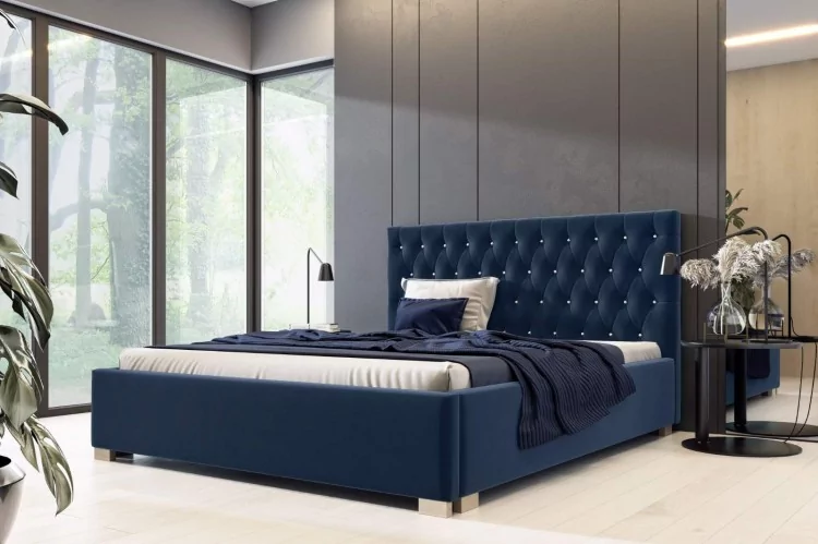 Łóżko tapicerowane pikowane z materacem Lena 160x200 Niebieskie Metalowy Stelaż