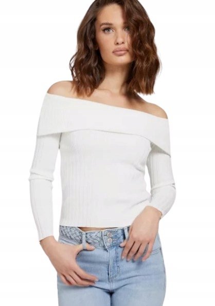 GUESS BIAŁA BLUZKA DAMSKA PRĄŻKOWANA Z ODKRYTYMI RAMIONAMI XS GXB