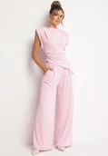 Komplety damskie - Różowy Komplet Bluzka z Zaznaczonymi Ramionami i Spodnie Szerokie na Gumce Divaires - miniaturka - grafika 1