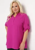 Bluzki damskie - Fuksjowa Bluzka Koszulowa z Kołnierzykiem i Wsuwaną Kieszonką Tafeta - miniaturka - grafika 1