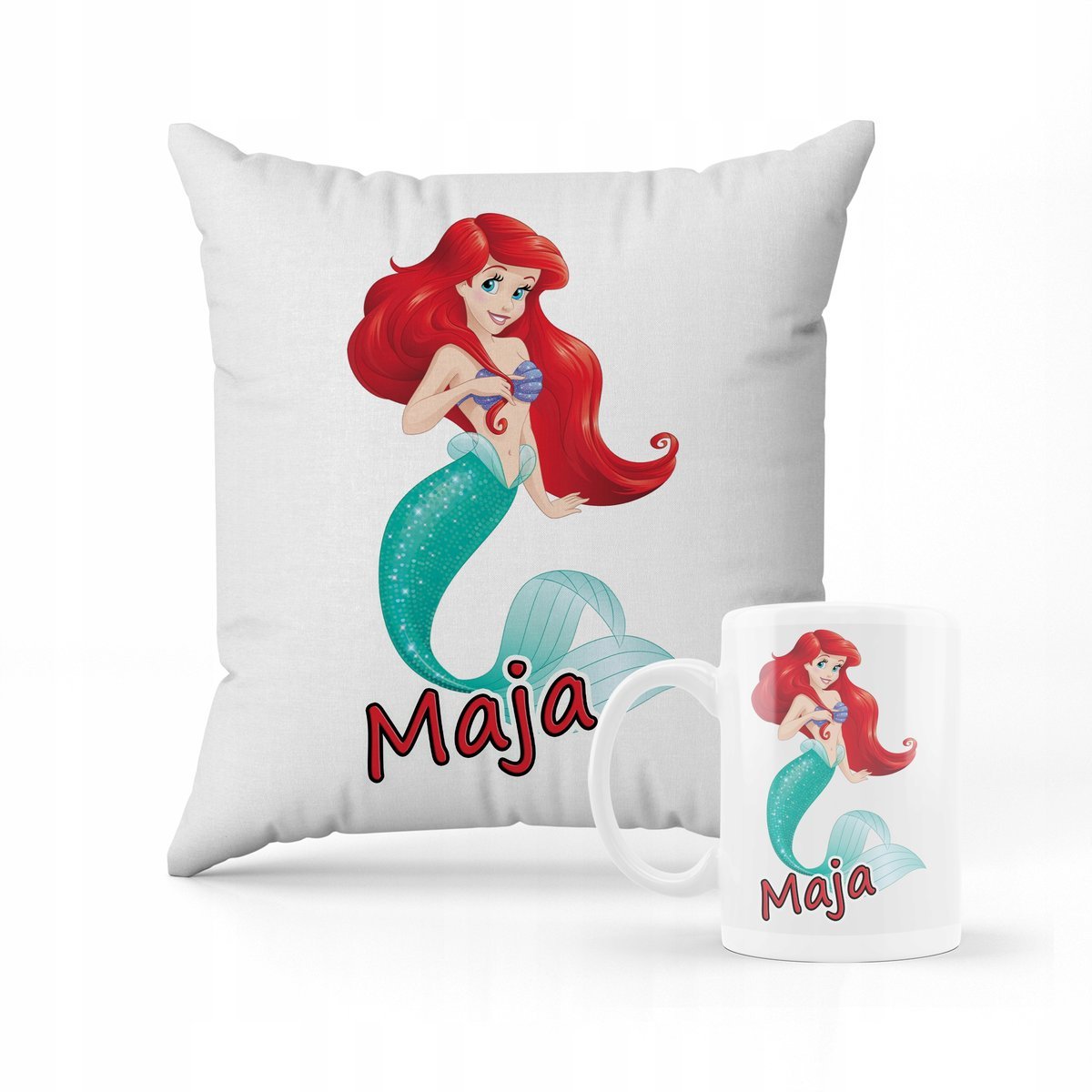 ZESTAW PODUSZKA + KUBEK Prezent syrenka Arielka + IMIĘ