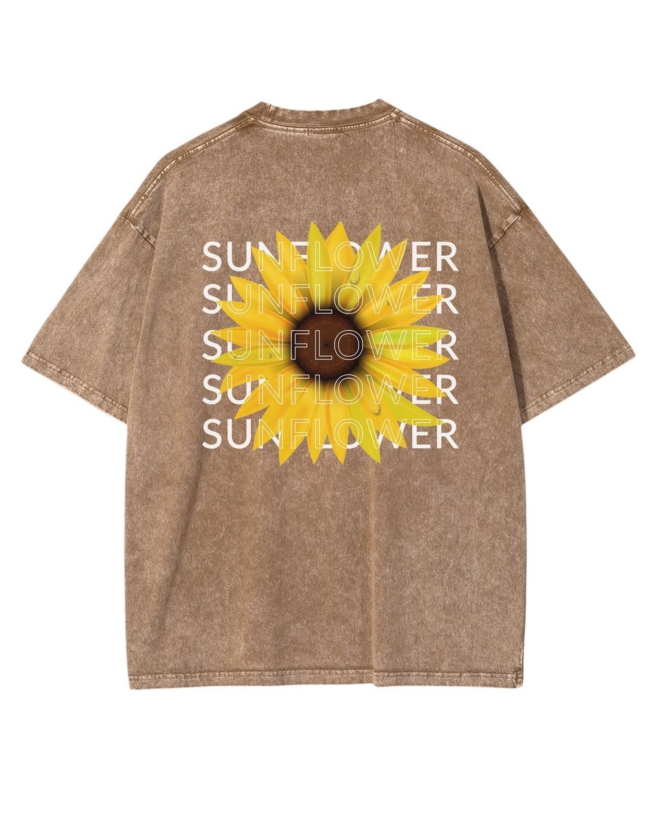 Damska koszulka oversize efekt sprania Słonecznik Kwiaty Lato Brązowa M