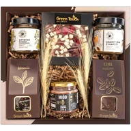 Zestawy upominkowe - Kosz prezentowy zestaw z herbatą, kawą i słodyczami z przetworami. Pudełko prezentowe - miniaturka - grafika 1