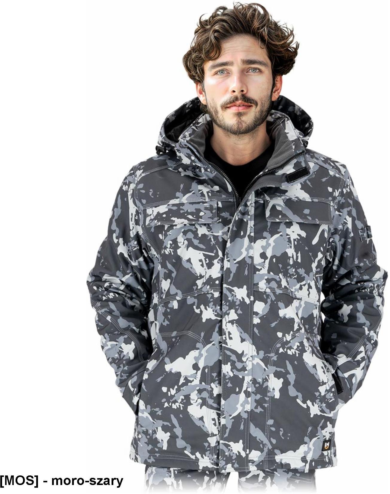 LH-ORKAN-J - męska kurtka ochronna stójka podszyty polarem dopinany kaptur softshell ocieplana wiatro i wodoodporna elastyczna z - moro-szary XL