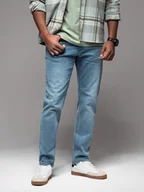 Spodnie męskie - Męskie klasyczne przecierane jeansy REGULAR FIT jasnoniebieskie V2 OM-PADP-0217 - Ombre Clothing - miniaturka - grafika 1