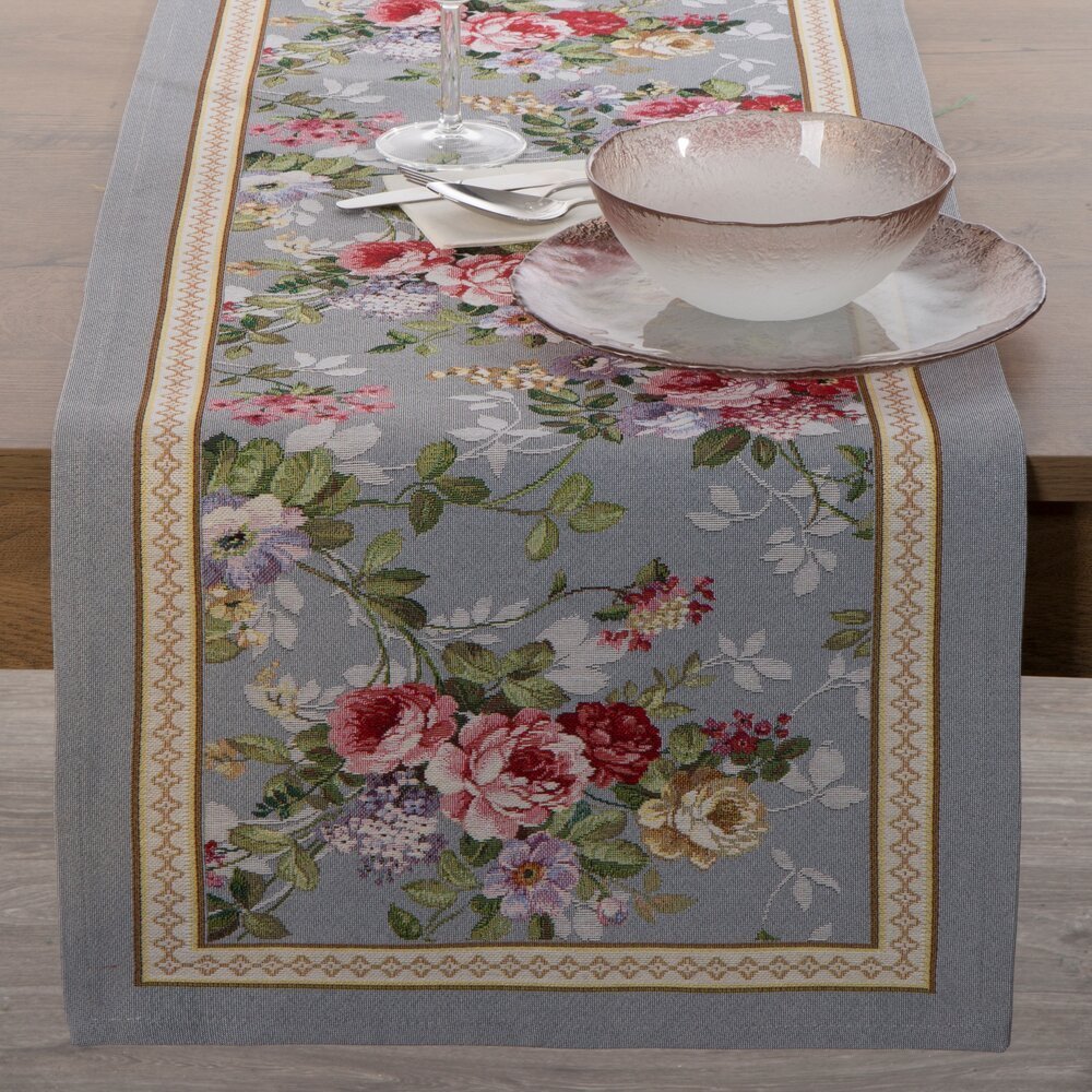 Bieżnik obrus dekoracyjny gobelin 40x100 Eurofirany popielaty czerwony ogrodowe kwiaty