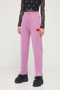 Spodnie damskie - HUGO spodnie dresowe kolor fioletowy z aplikacją - Hugo - grafika 1