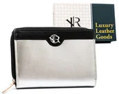 Portfele - Portfel damski skórzany Rovicky pojemny na karty i dokumenty portmonetka na suwak, czarny srebrny - miniaturka - grafika 1