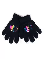 Rękawiczki dla dzieci - Rękawiczki Dziewczęce Pięciopalczaste Czarne Z Hologramem Sercami 18 Cm - miniaturka - grafika 1
