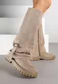 Kozaki damskie - Ciemnobeżowe Kozaki Ozdobione Klamrą i Wywiniętą Cholewką Laticea - Renee - miniaturka - grafika 1