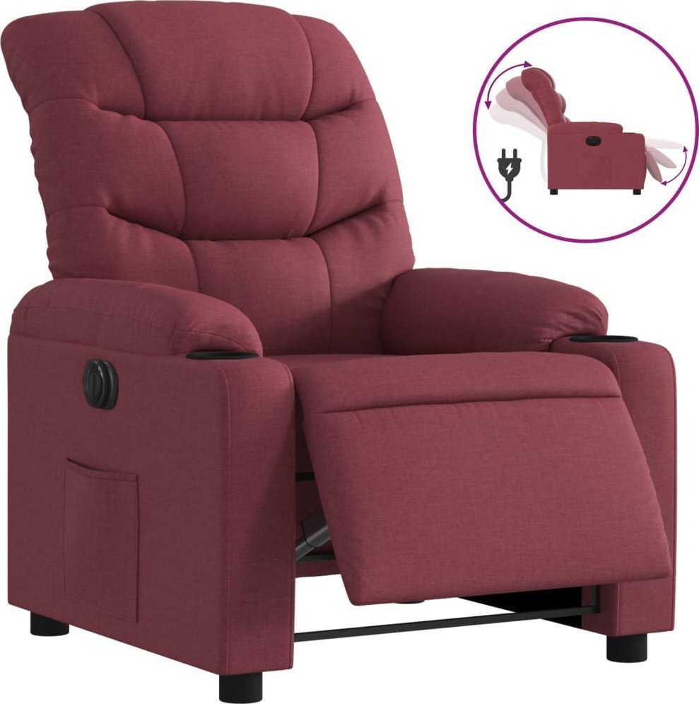 Elektryczny fotel rozkładany, winna czerwień, obity tkaniną