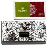 Portfele - Elegancki duży szaro - biało - czarny portfel damski z lakierowanej skóry naturalnej PETERSON kwiatowy wzór schowek na suwak kieszeń na bilon zamykana - miniaturka - grafika 1