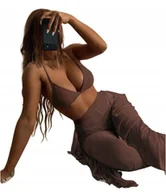 Stroje kąpielowe - Zestaw Bikini Brązowy Strój Dwuczęściowy Spodnie Z Falbankami Na Lato S - miniaturka - grafika 1