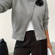 Swetry damskie - TEMU Elegancki kardigan wiosenno-jesienny z kwiatowym wzorem Jednolity , okrągły dekolt, styl casual, modny i uniwersalny design - miniaturka - grafika 1