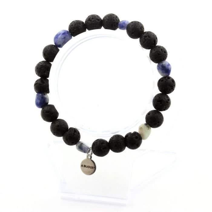 Kamienie i minerały. Bransoletka z niebieskiego jaspisu z Republiki Południowej Afryki + koraliki lawy 8 mm. Wyprodukowano we Francji.