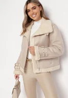 Kurtki damskie - Beżowa Kurtka Biker Ozdobiona Wstawkami z Futerka i Paskami Nonnie - miniaturka - grafika 1
