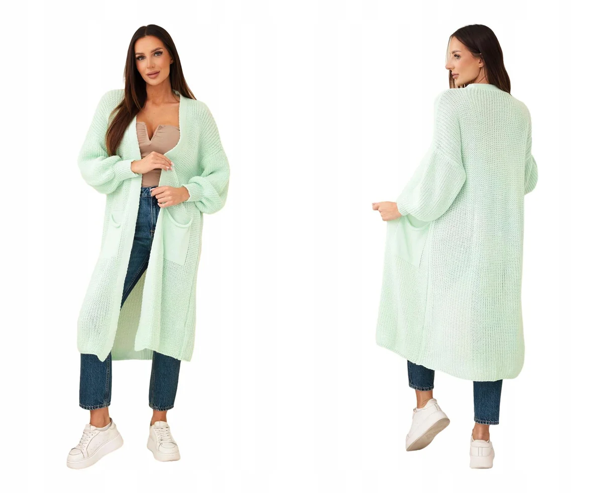 Sweter kardigan damski długi narzutka oversize z kieszeniami jasnomiętowy