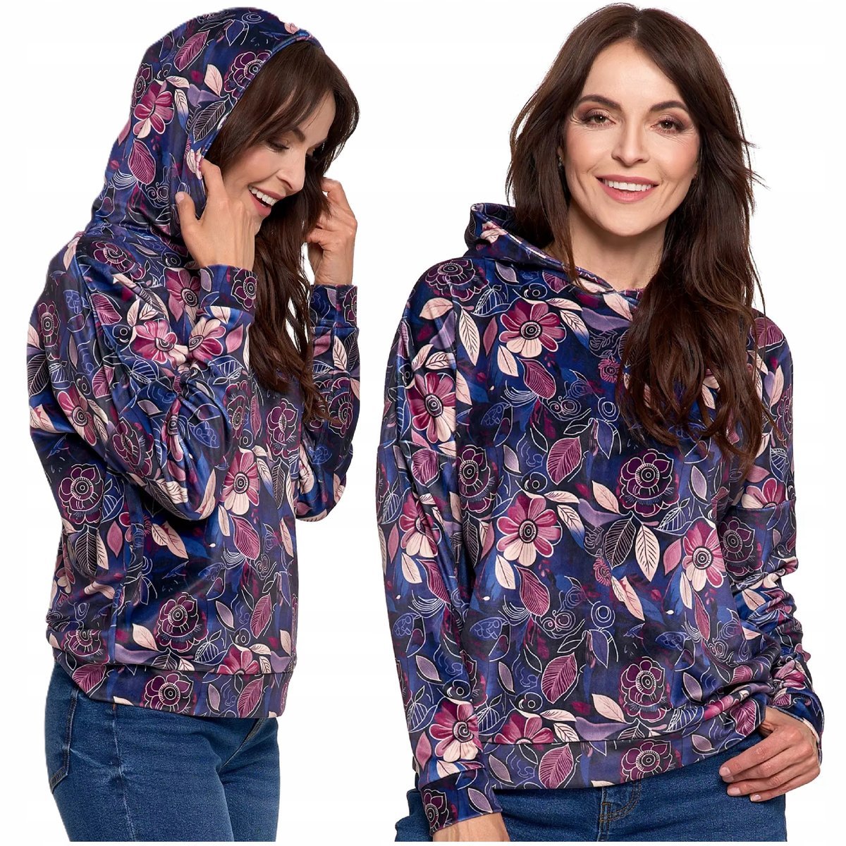 Bluza Damska Welurowa z Kapturem Kieszeń Kangurka Miękka Wygodna MORAJ M