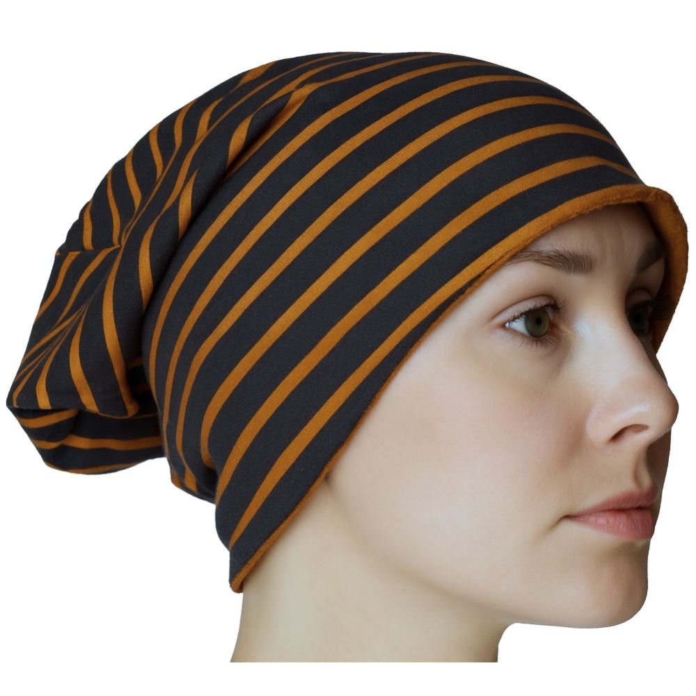 Czapka damska Beanie włoska cienka smerfetka granatowa w musztardowe paski