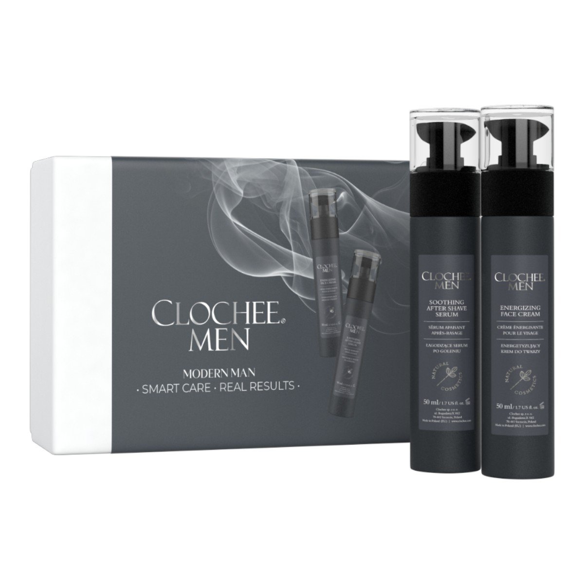 Clochee Men Zestaw: nawilżający krem do twarzy + łagodzące serum po goleniu