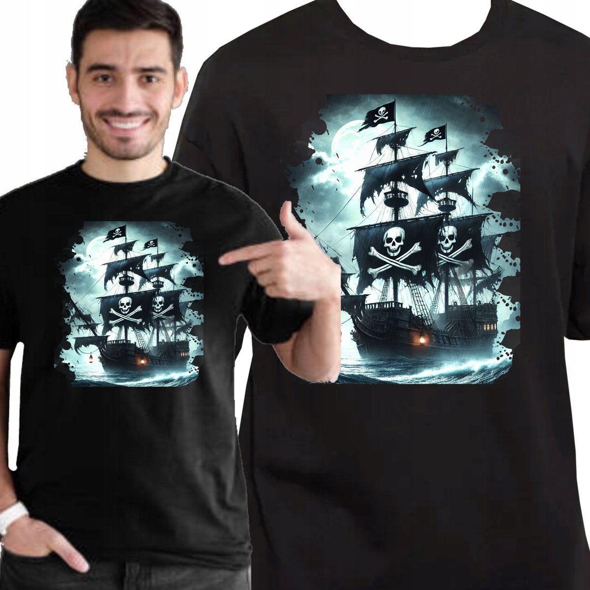 KOSZULKA MĘSKA DLA ŻEGLARZA Z NADRUKIEM STATEK PIRACKI L 3404 CZARNA