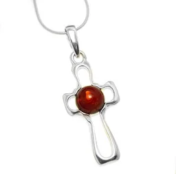 Srebrny krzyżyk z bursztynem - Biżuteria religijna - miniaturka - grafika 1