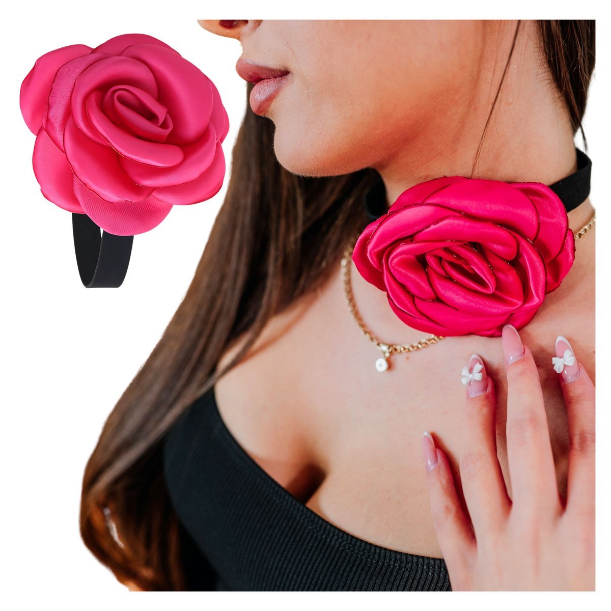 Naszyjnik Choker Czarny na Szyję z Dużym Różowym Kwiatem Róży Regulowany