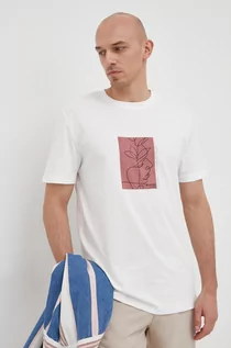 Koszulki męskie - Selected Homme t-shirt bawełniany kolor beżowy z nadrukiem - grafika 1