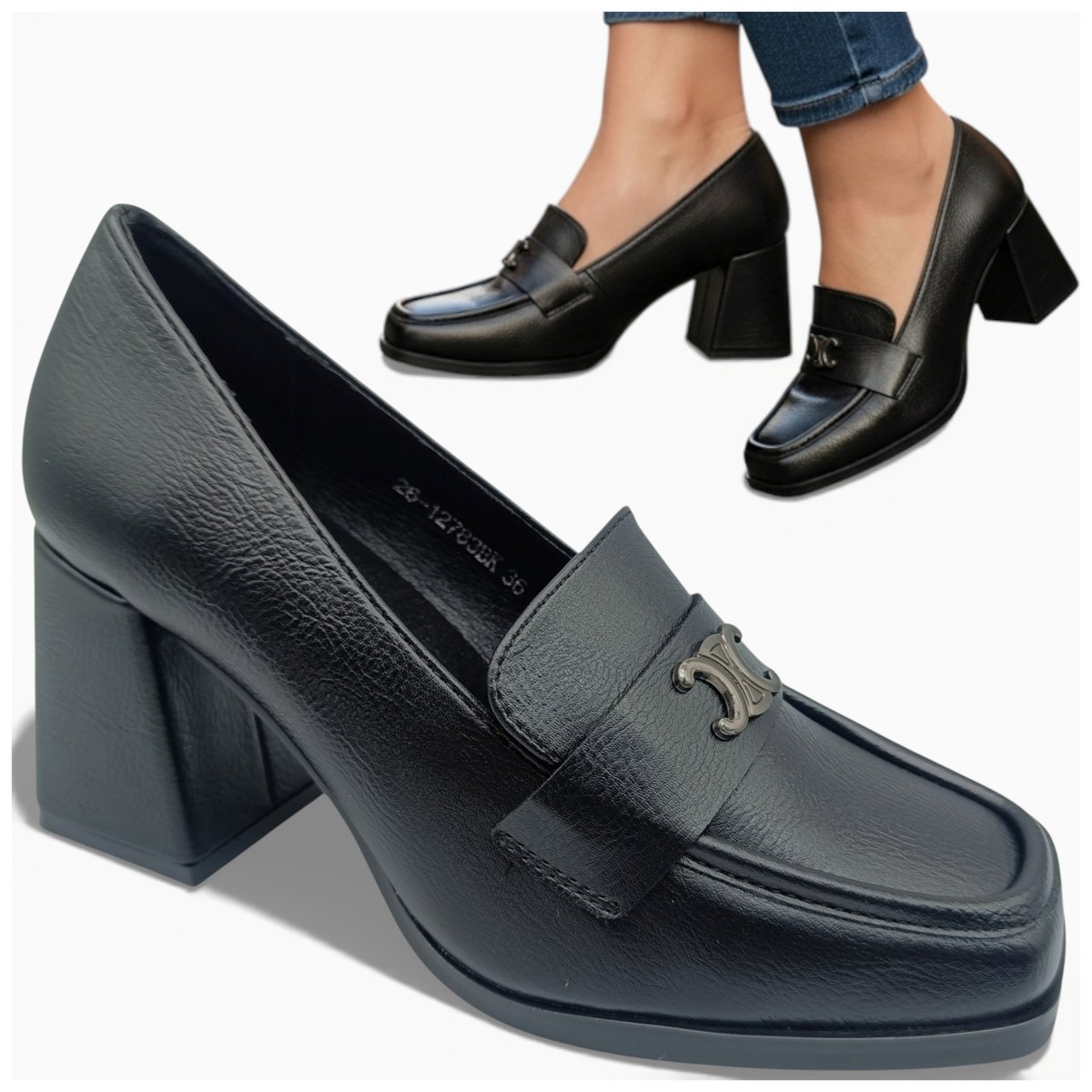 Damskie Półbuty na Obcasie Eleganckie Wygodne Mokasyny Czarne Potocki 37