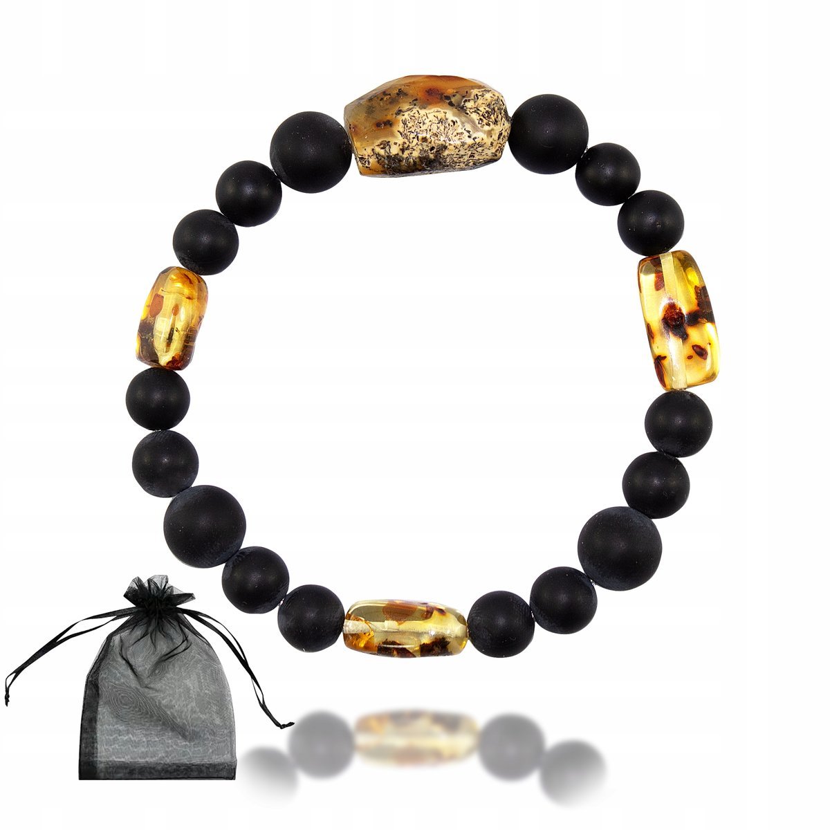 Bransoletka UNIKAT Agat 8 mm Bursztyn - kamienie naturalne na gumce