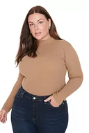 Body - Trendyol Damska bluzka plus size dopasowana bodycon ze stójką dzianinowa plus size, Kolor norek, 4XL Duże Rozmiary - miniaturka - grafika 1