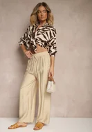 Spodnie damskie - Beżowe Spodnie Typu Palazzo o Szerokim Kroju High Waist Ozdobione Wiązaniem Yaslevia - miniaturka - grafika 1